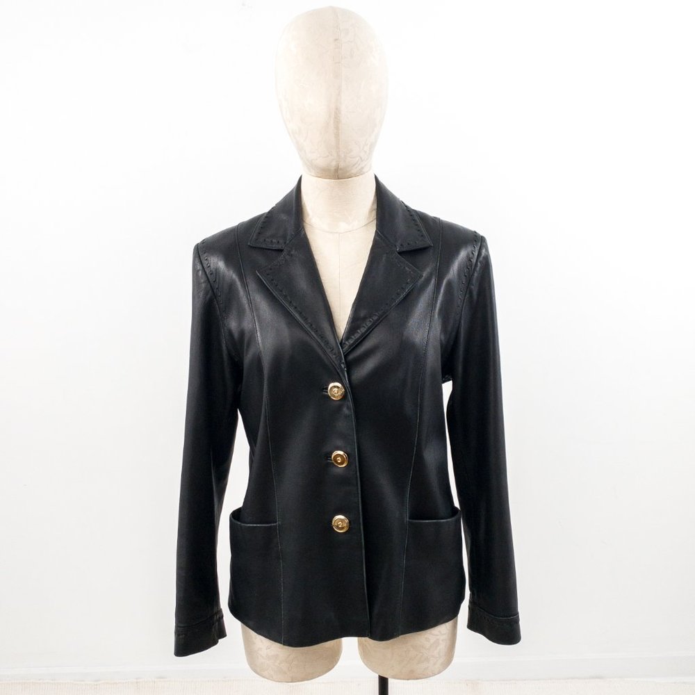 St. John S/M Leather Blazer Jacket Black Vintage - Picture 12 of 12